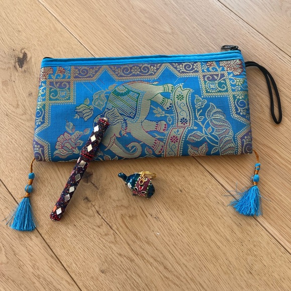 None Handbags - Blue Silk Elephant Clutch, Mosaic Pen and keyring. 3 pc set